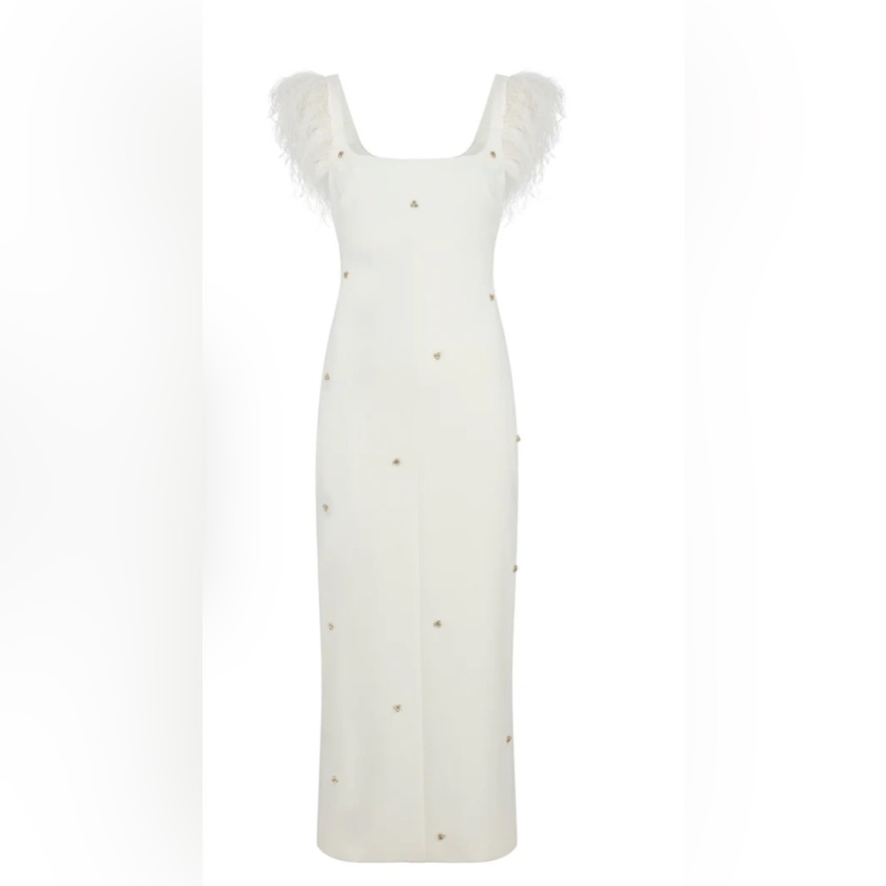 Likely White Midi Dress with Gold Crystal and Feather Accents